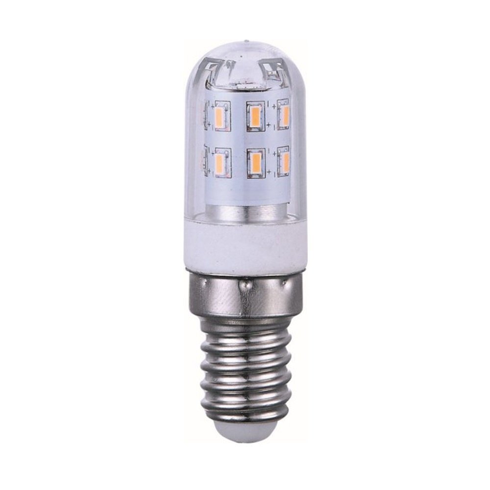 Żarówka LED z przezroczystą obudową, widoczne diody LED wewnątrz oraz metalowy gwint E14.