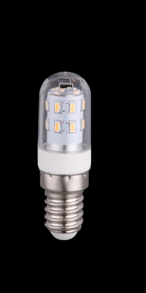 Żarówka LED z przezroczystą obudową, widoczne diody LED na cylindrycznym trzonku. Posiada metalowy gwint E14.