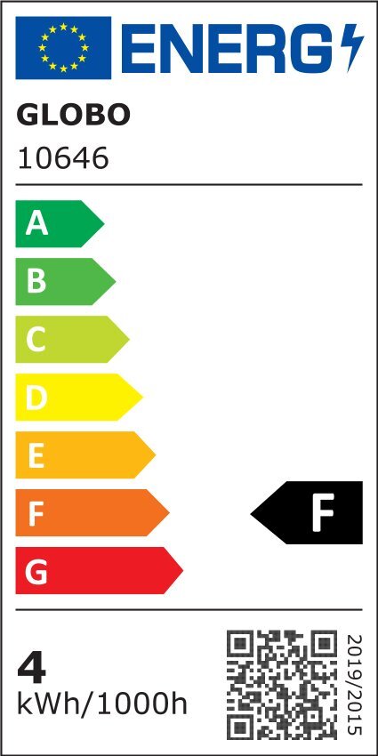 Etykieta energetyczna z logo UE i napisem \'ENERG\'. Produkt: GLOBO 10646, klasa energetyczna F, zużycie 4 kWh/1000h.