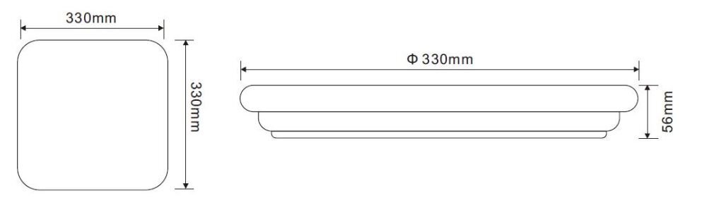 Schematyczny rysunek przedstawiający wymiary plafonu zewnętrznego LED. Wymiary to 330 mm na 330 mm, a wysokość wynosi 56 mm.