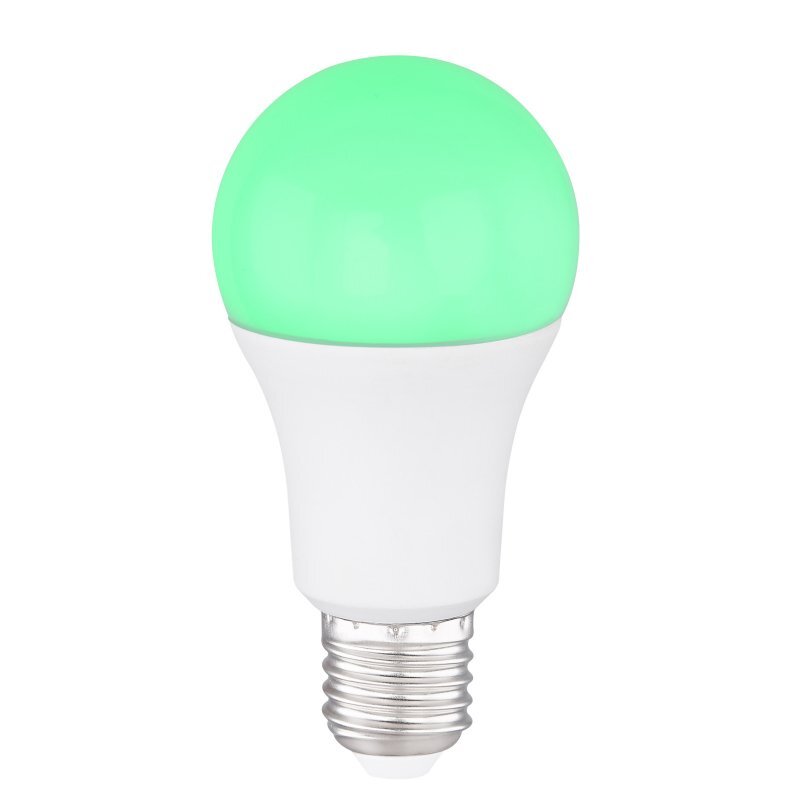 Żarówka LED z opalizowaną, zieloną kopułą i srebrnym gwintem E27. Produkt ma biały korpus.