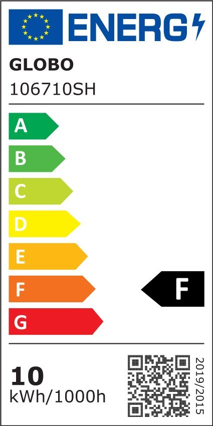 Etykieta energetyczna z logo UE i napisem \'ENERG\'. Produkt: GLOBO 106710SH, klasa energetyczna F, zużycie 10 kWh/1000h.