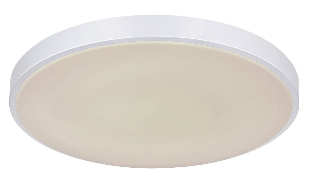 Okrągły plafon LED w kolorze srebrnym z białym kloszem. Ma gładką powierzchnię i nowoczesny design.
