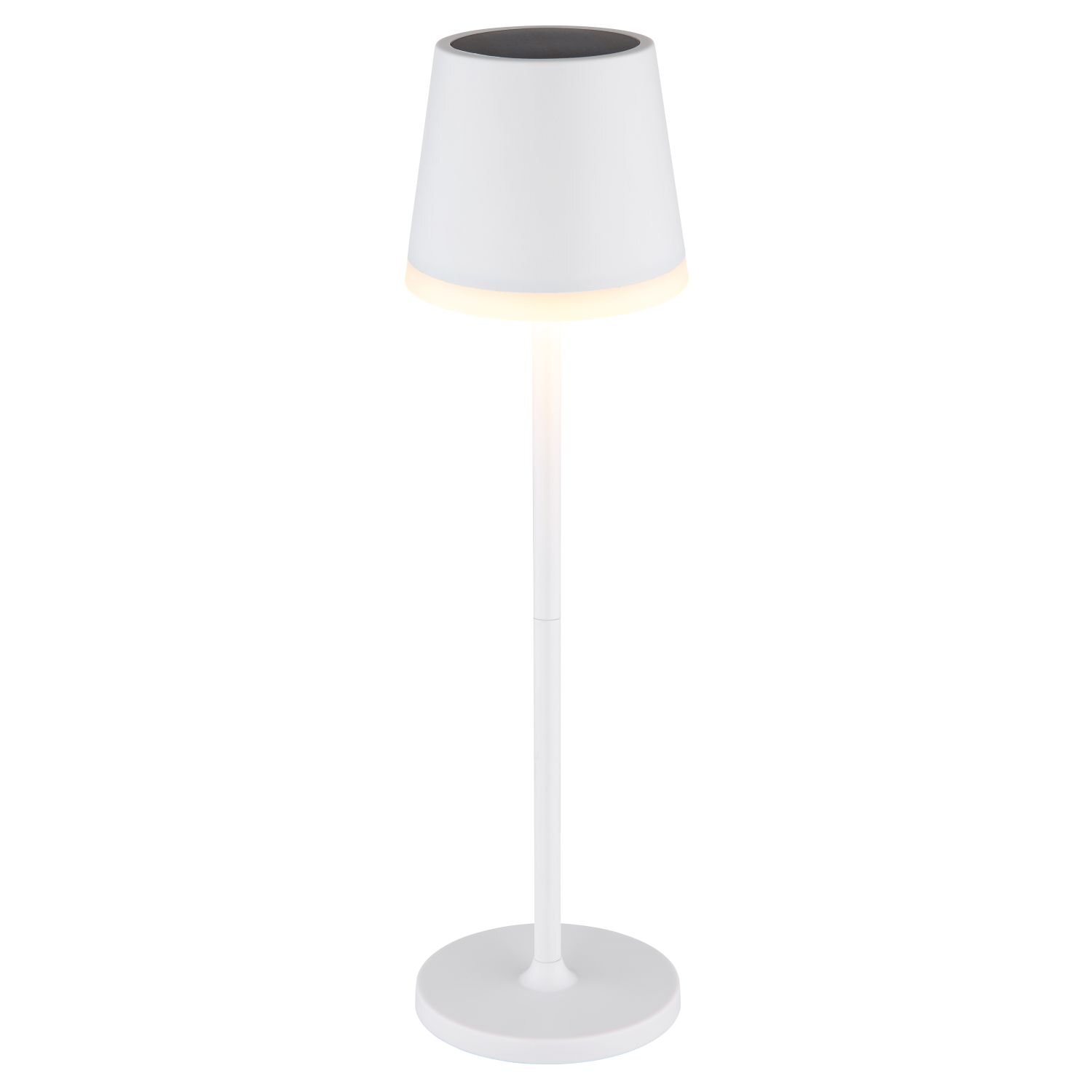 Biała lampa stołowa zewnętrzna LED o prostym designie, z okrągłą podstawą i stożkowym kloszem. Lampa jest przeznaczona do użytku w ogrodzie i na tarasie.