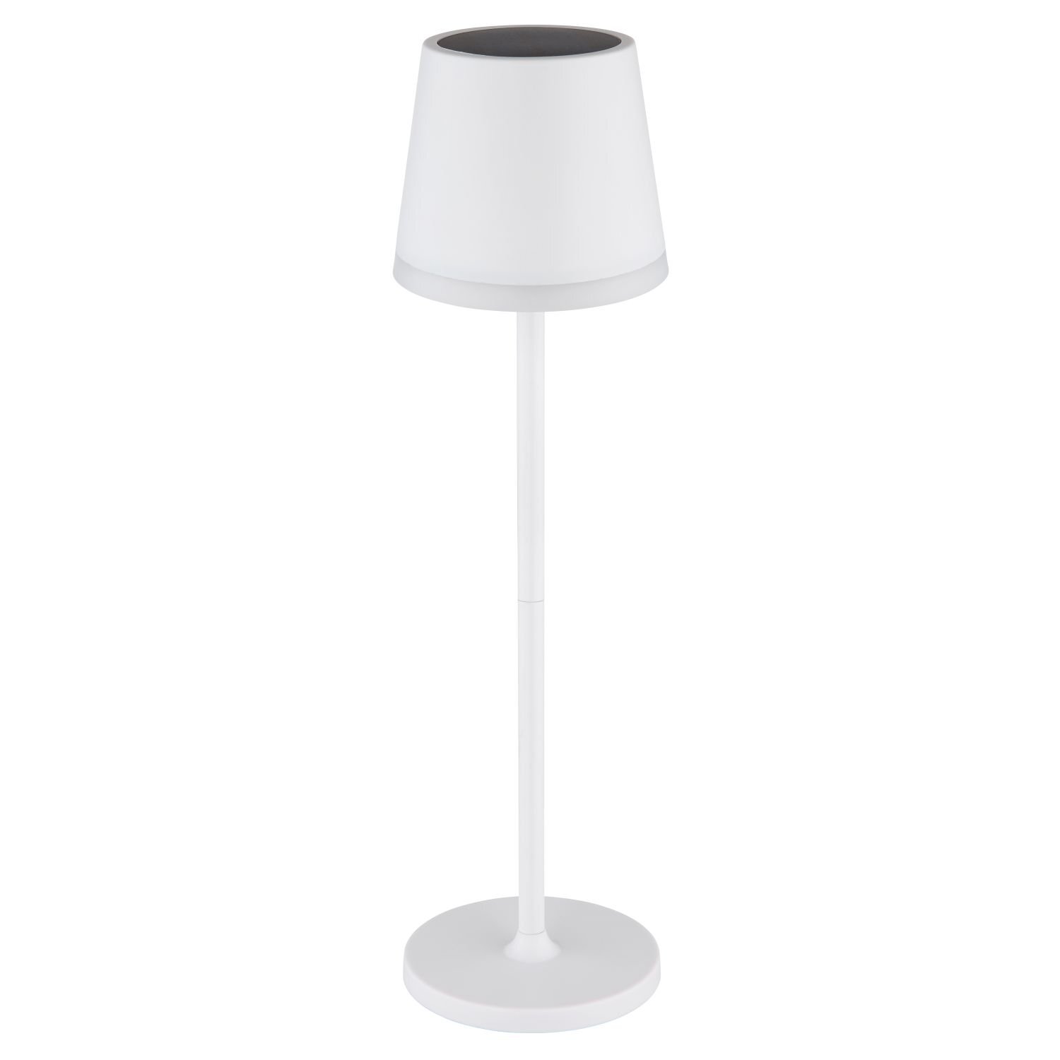 Biała lampa stołowa zewnętrzna o prostym designie, z okrągłą podstawą i stożkowym kloszem. Lampa jest przeznaczona do użytku w ogrodzie lub na tarasie.