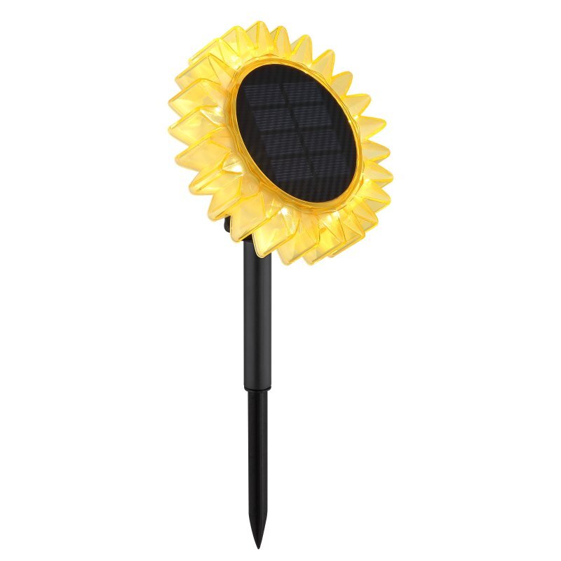 Lampa solarna w kształcie słonecznika z żółtymi płatkami i czarnym panelem solarnym na czarnym pręcie. Produkt przeznaczony do ogrodu.