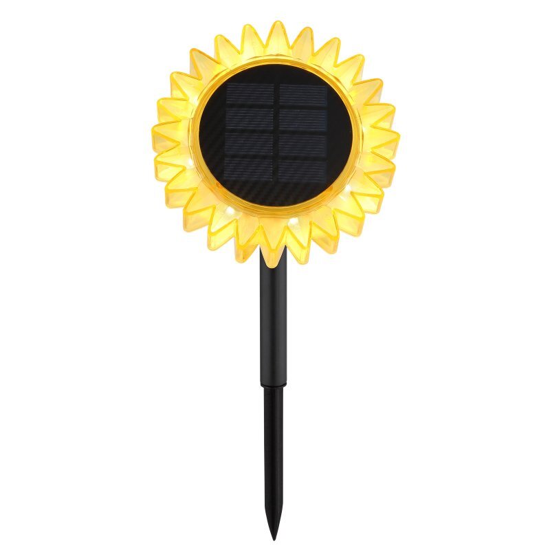 Lampa solarna w kształcie słonecznika z żółtymi płatkami i czarnym panelem solarnym pośrodku, zamontowana na czarnym pręcie.