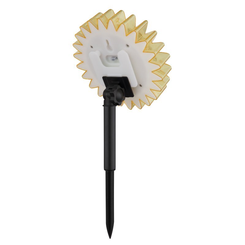Lampa solarna z żółtymi, ząbkowanymi krawędziami przypominającymi płatki słonecznika, zamontowana na czarnym, pionowym pręcie z ostrym zakończeniem do wbicia w ziemię.