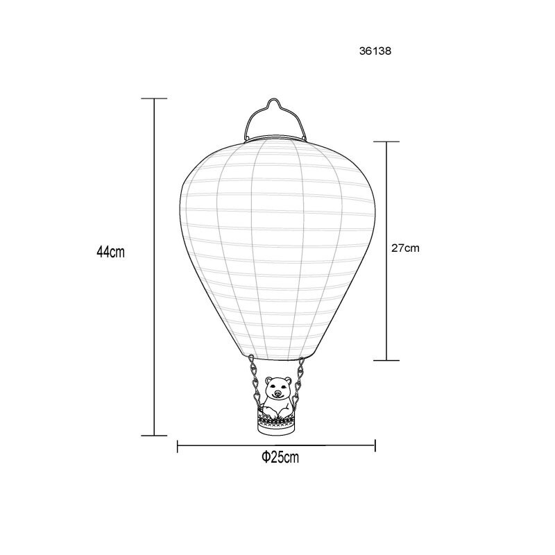 Schemat lampy solarnej LED w kształcie balonu z wymiarami: wysokość 44 cm, średnica 25 cm. Na dole balonu znajduje się kosz z rysunkiem misia.