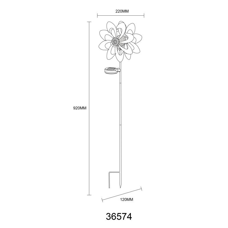 Schematyczny rysunek lampy solarnej z dekoracyjnym kołem wiatrowym, z wymiarami: 220 mm szerokości, 920 mm wysokości i 120 mm głębokości. Widoczny numer produktu: 36574.