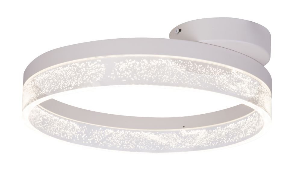 Biała lampa sufitowa LED o okrągłym kształcie z akrylowym wykończeniem zawierającym bąbelki. Lampa jest zamontowana na krótkim uchwycie sufitowym.