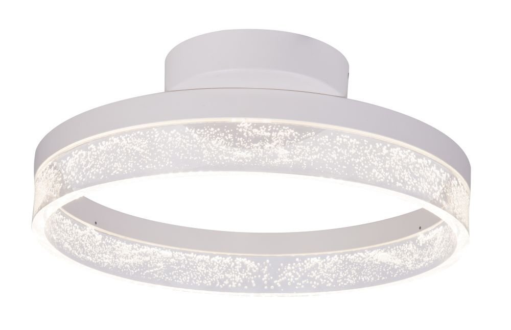 Biała lampa sufitowa LED w kształcie pierścienia z akrylowym wykończeniem zawierającym bąbelki. Lampa ma nowoczesny design i jest przymocowana do sufitu za pomocą okrągłej podstawy.