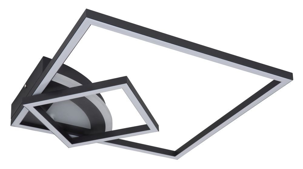Lampa sufitowa LED o nowoczesnym designie, składająca się z dwóch prostokątnych ram połączonych z okrągłą podstawą. Konstrukcja jest czarna z białymi elementami wewnętrznymi.