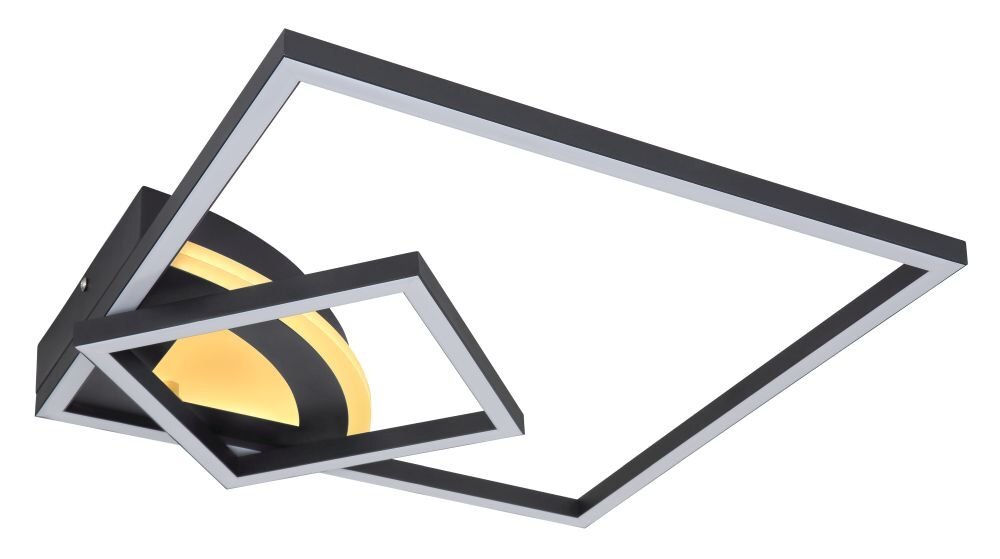 Lampa sufitowa LED o nowoczesnym designie, składająca się z dwóch prostokątnych ram w kolorze czarnym z białym wnętrzem. Wewnątrz większej ramy znajduje się mniejsza, a całość emituje ciepłe światło.