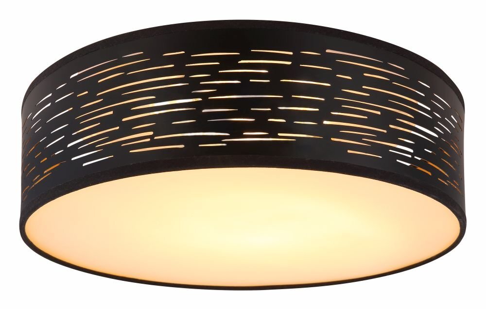 Lampa sufitowa LED o cylindrycznym kształcie z czarno-złotym wykończeniem i perforowanym wzorem, emitująca ciepłe światło.