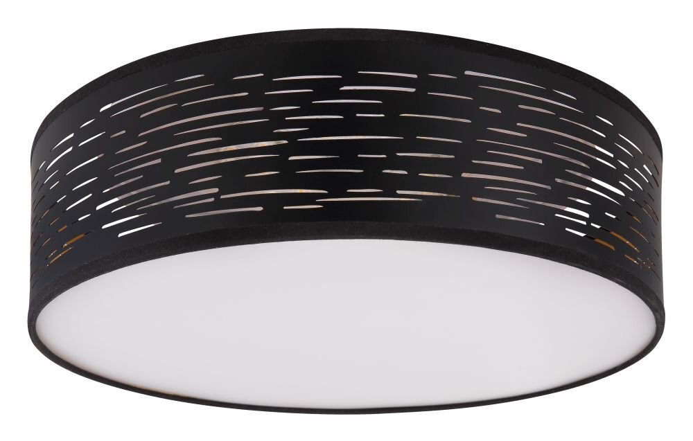 Czarna lampa sufitowa LED o cylindrycznym kształcie z dekoracyjnymi, poziomymi wycięciami na obudowie. Dolna część lampy jest biała, co sugeruje miejsce emisji światła.
