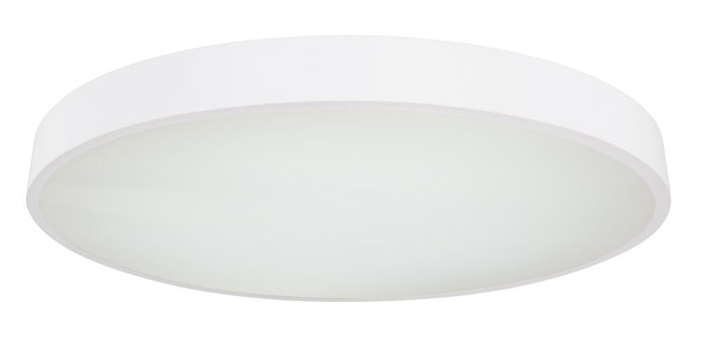 Biały, okrągły plafon LED o gładkiej powierzchni. Ma prosty, nowoczesny design.