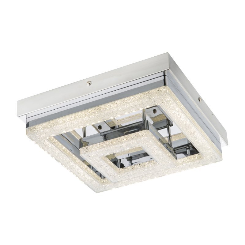 Kwadratowy plafon LED wykonany ze stali nierdzewnej z kryształami K5, o nowoczesnym designie. Posiada geometryczny wzór złożony z dwóch nakładających się kwadratów.