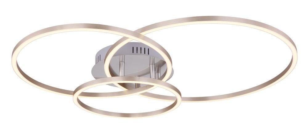 Lampa sufitowa LED z trzema okrągłymi, przecinającymi się pierścieniami w kolorze satynowym. Wykonana z akrylu, emituje ciepłe światło.