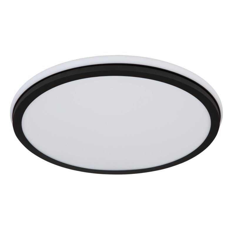 Okrągły plafon LED w kolorze czarnym matowym z białą powierzchnią świetlną. Produkt ma prosty, nowoczesny design.