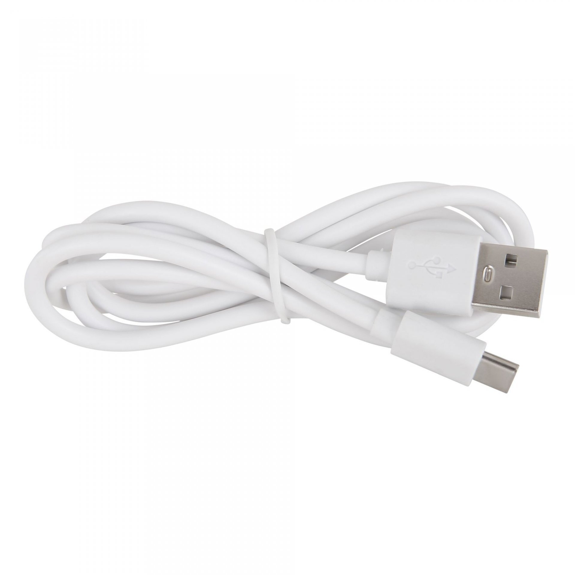 Biały kabel USB z wtyczką USB-A i wtyczką micro USB, zwinięty i spięty plastikową opaską.