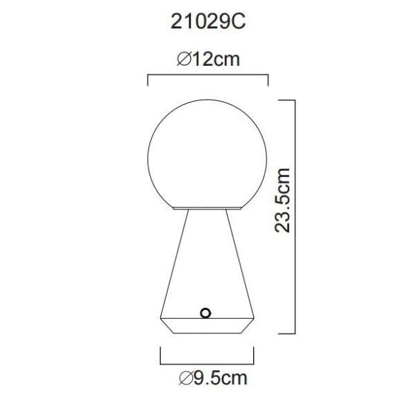 Schematyczny rysunek lampy stołowej z oznaczeniami wymiarów: wysokość 23,5 cm, średnica górnej części 12 cm, średnica dolnej części 9,5 cm. Na górze widoczny jest numer 21029C.