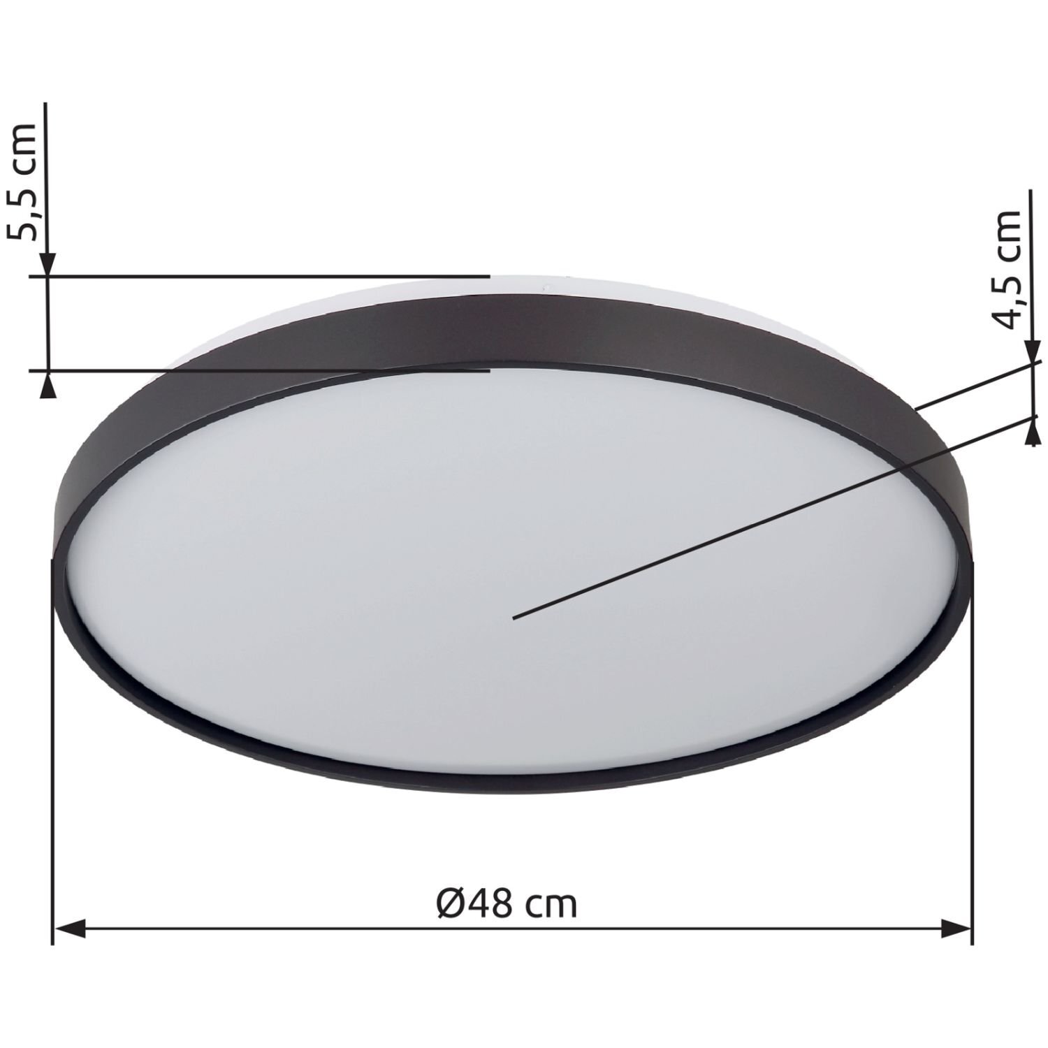 Okrągła lampa sufitowa LED z czarną obwódką i białym kloszem, o średnicy 48 cm i wysokości 5,5 cm. Na obrazie widoczne są wymiary: 5,5 cm, 4,5 cm oraz Ø48 cm.