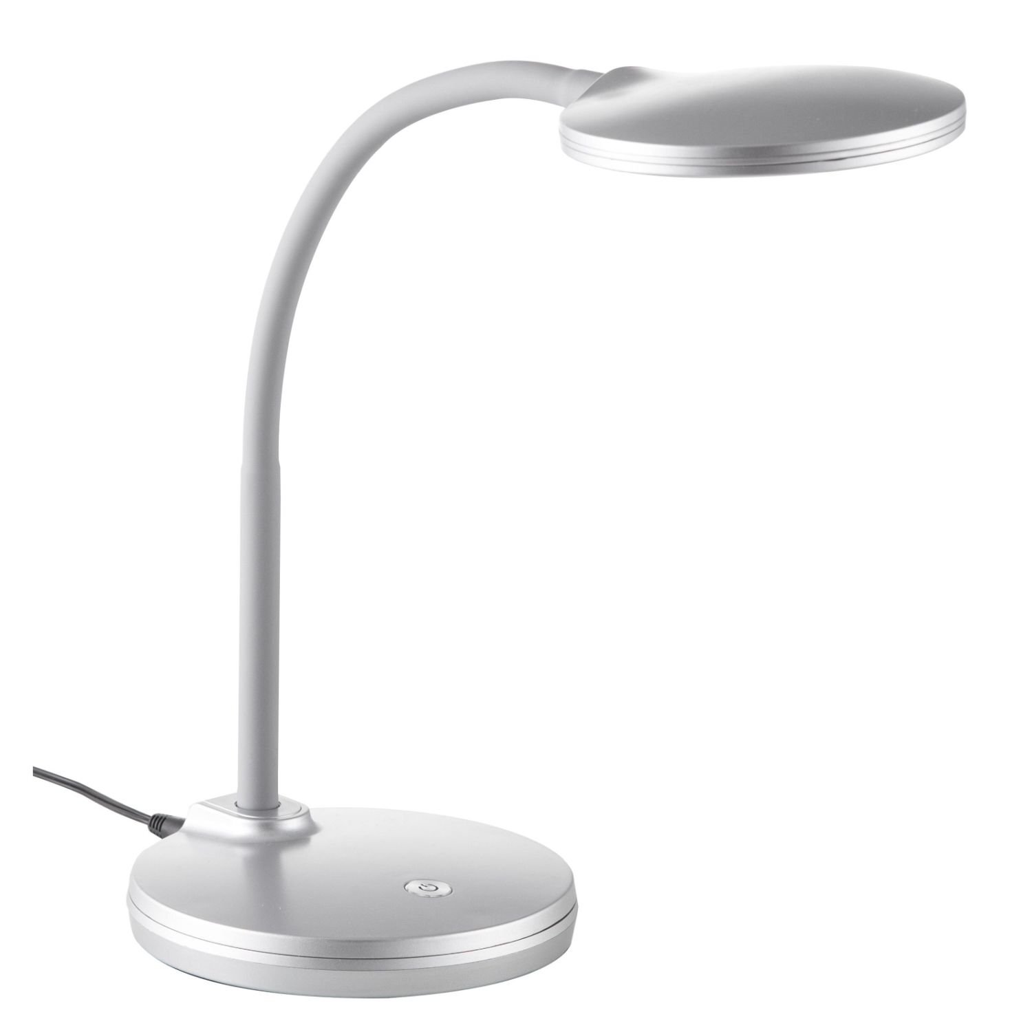 Srebrna lampa biurkowa LED o nowoczesnym designie z okrągłą podstawą i elastycznym ramieniem. Na podstawie znajduje się przycisk dotykowy.