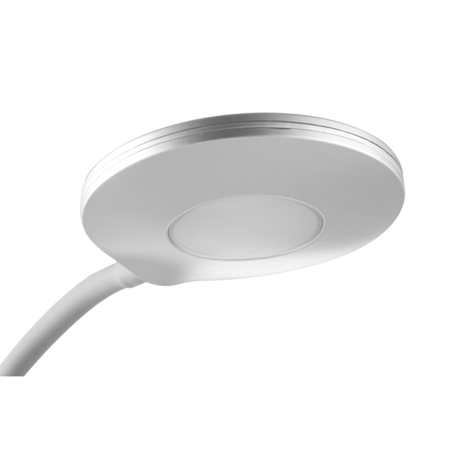 Obraz przedstawia okrągłą, białą głowicę lampy biurkowej z wbudowanym źródłem światła LED. Lampa ma nowoczesny design z gładką powierzchnią i delikatnym wykończeniem.