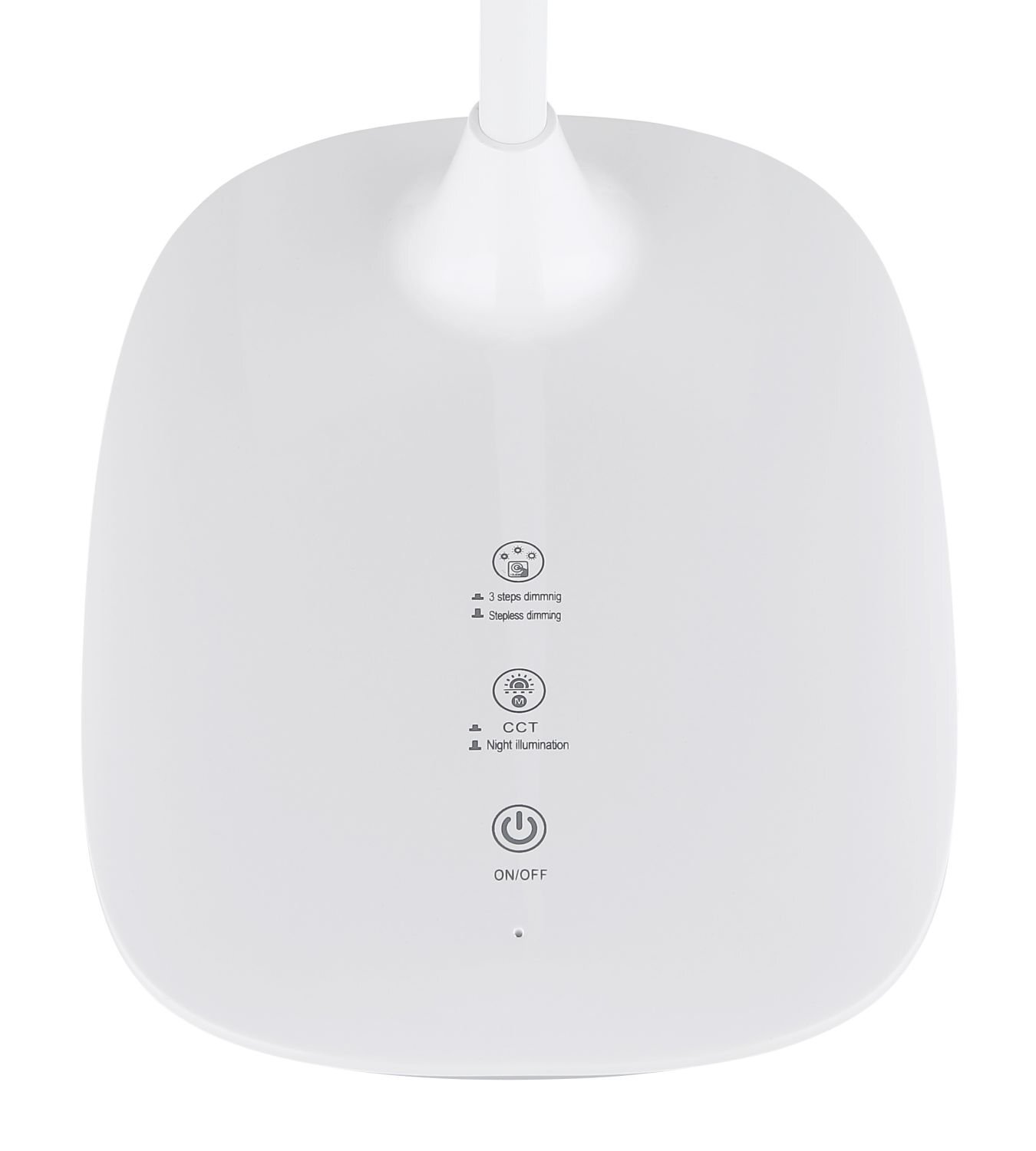 Biała podstawa lampy z widocznymi przyciskami dotykowymi: \'3 steps dimming\', \'Stepless dimming\', \'CCT\', \'Night illumination\' oraz przyciskiem \'ON/OFF\'.