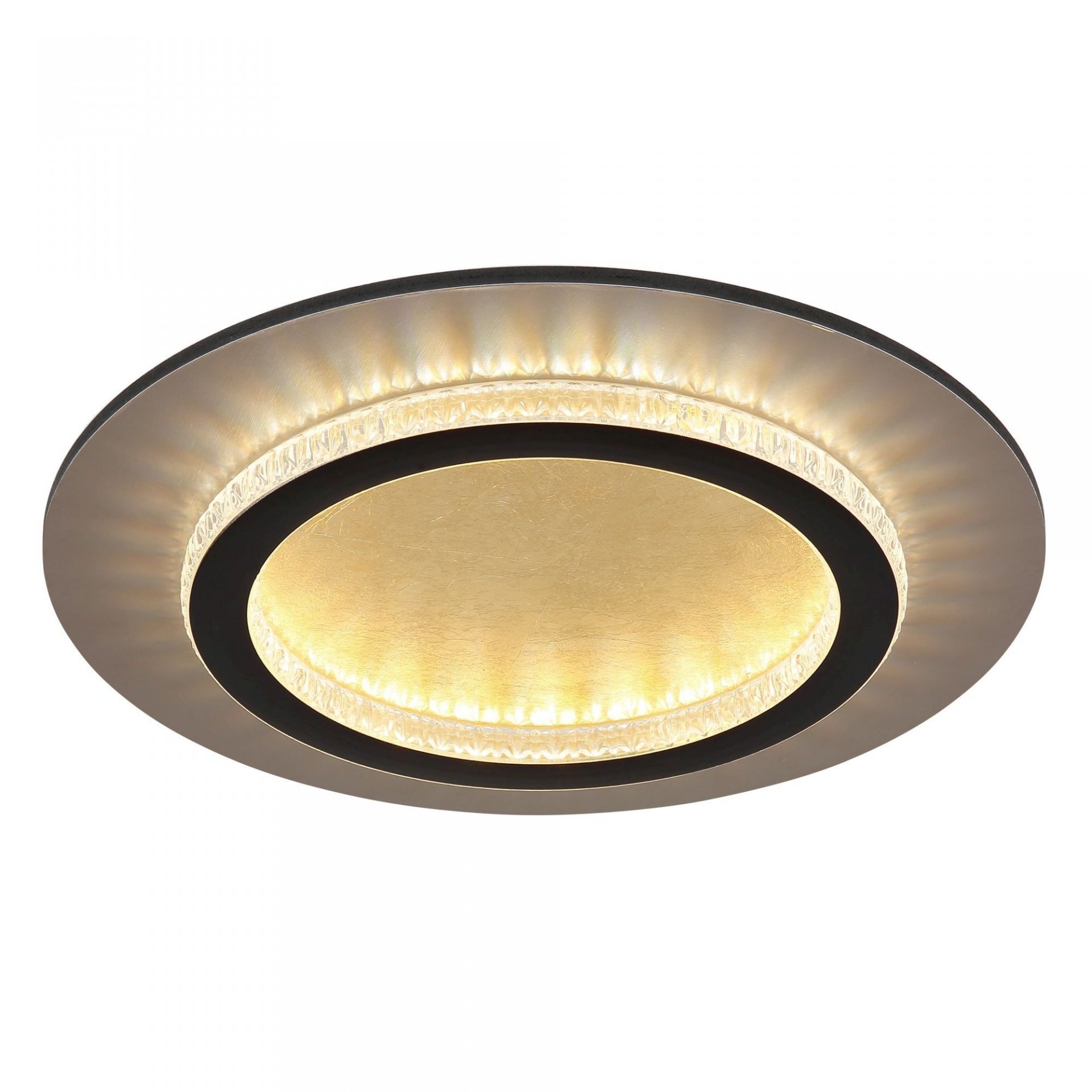 Okrągła lampa sufitowa LED z centralnym złotym elementem i zewnętrznym pierścieniem emitującym światło. Lampa ma nowoczesny design z czarnymi akcentami.