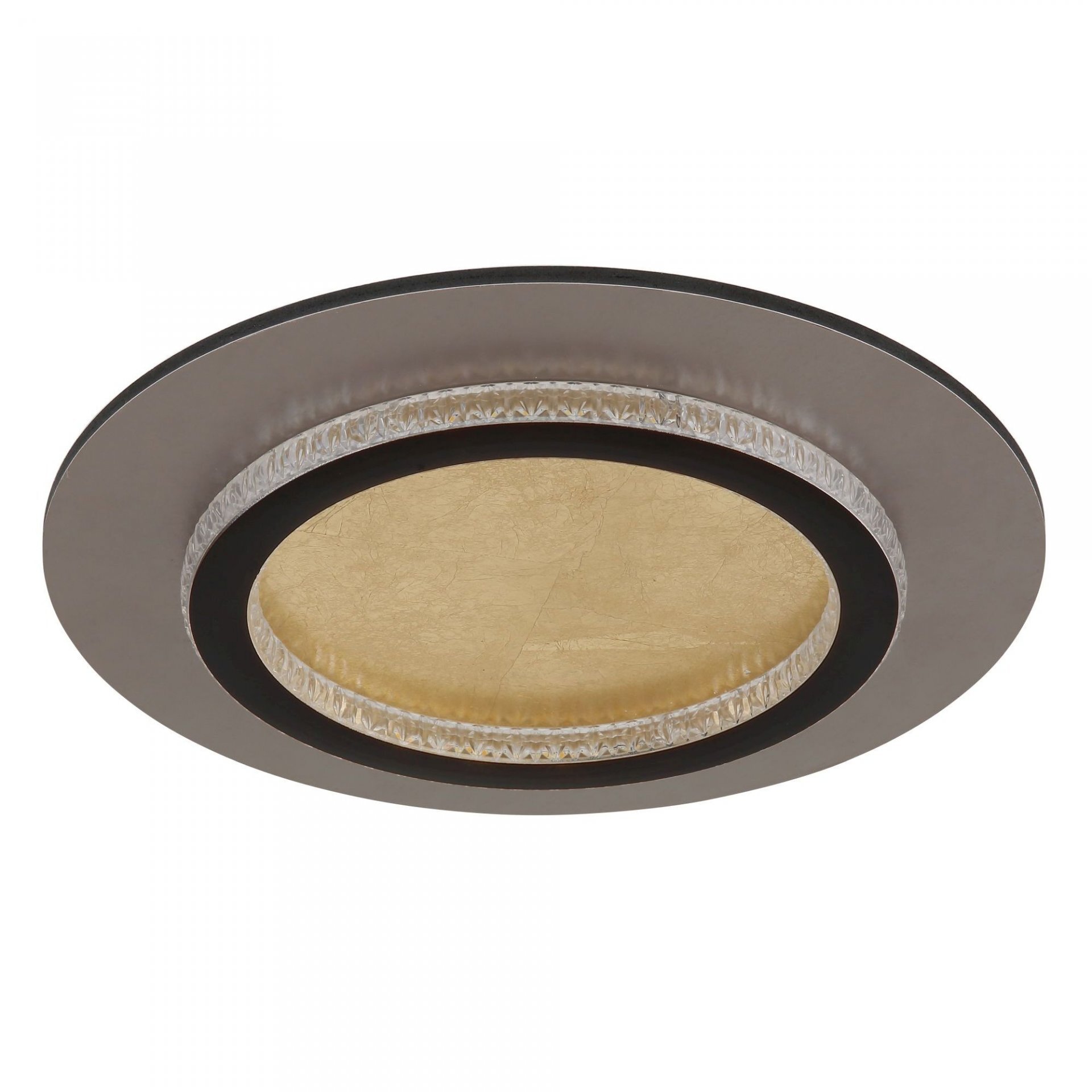 Lampa sufitowa LED o nowoczesnym designie, z okrągłym, złotym środkiem otoczonym ciemnym pierścieniem i metaliczną obwódką.