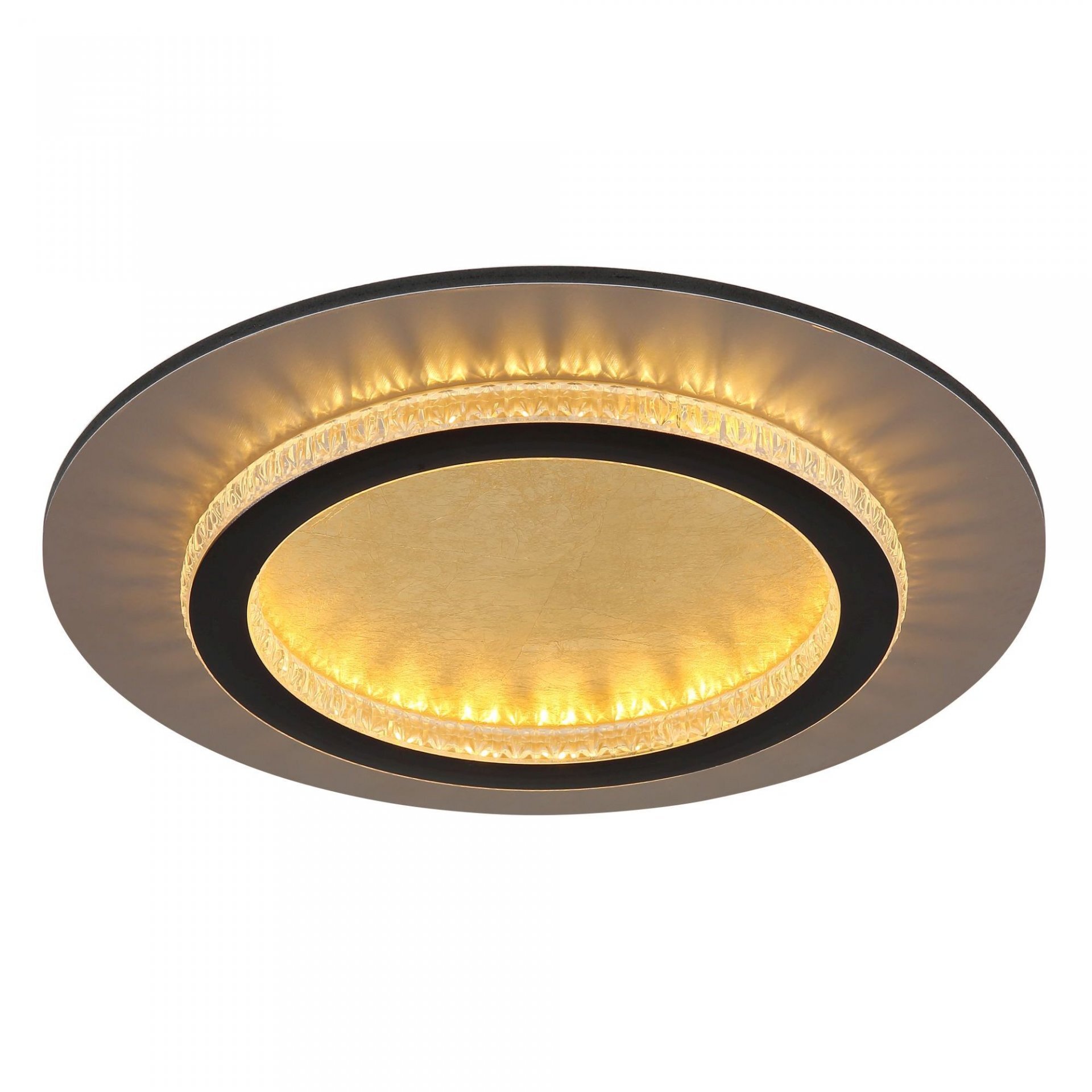 Lampa sufitowa LED o nowoczesnym designie, z okrągłym kształtem i złotym wykończeniem, emitująca ciepłe światło. Wzór na powierzchni przypomina teksturę metalu.
