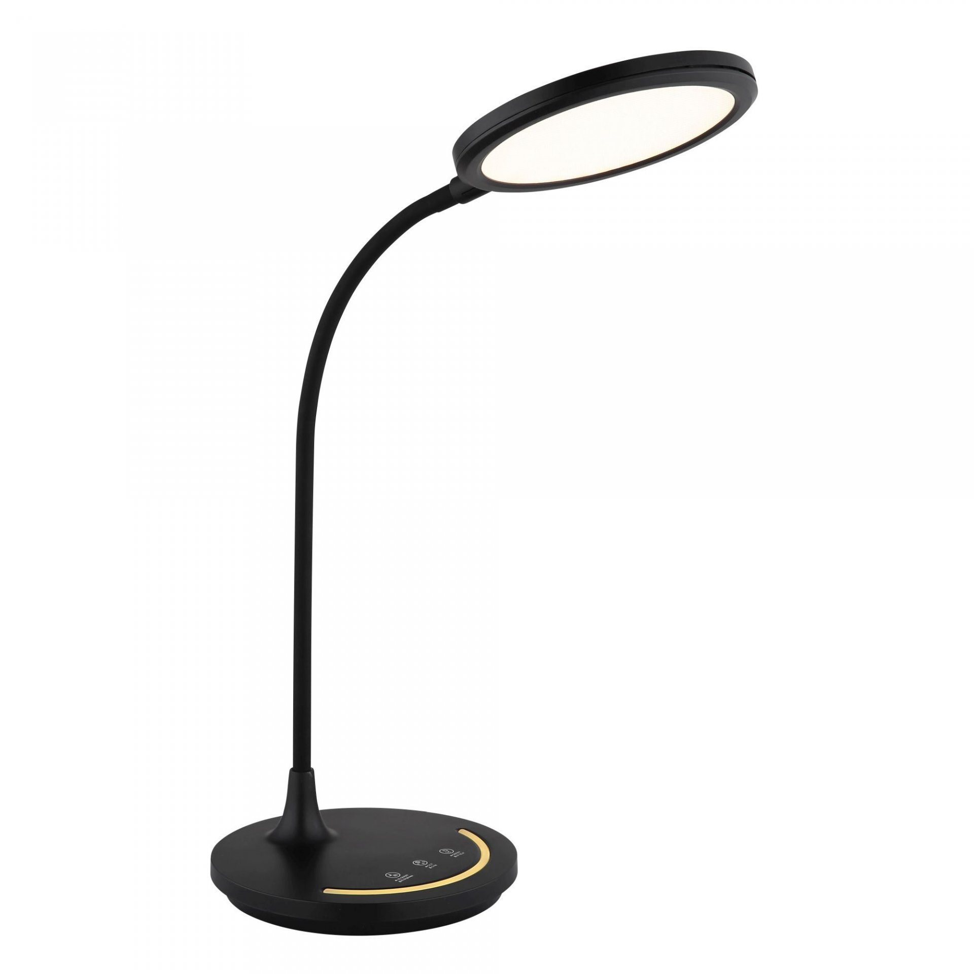 Czarna lampa biurkowa LED z okrągłym kloszem i elastycznym ramieniem. Na podstawie znajdują się trzy dotykowe przyciski sterujące.