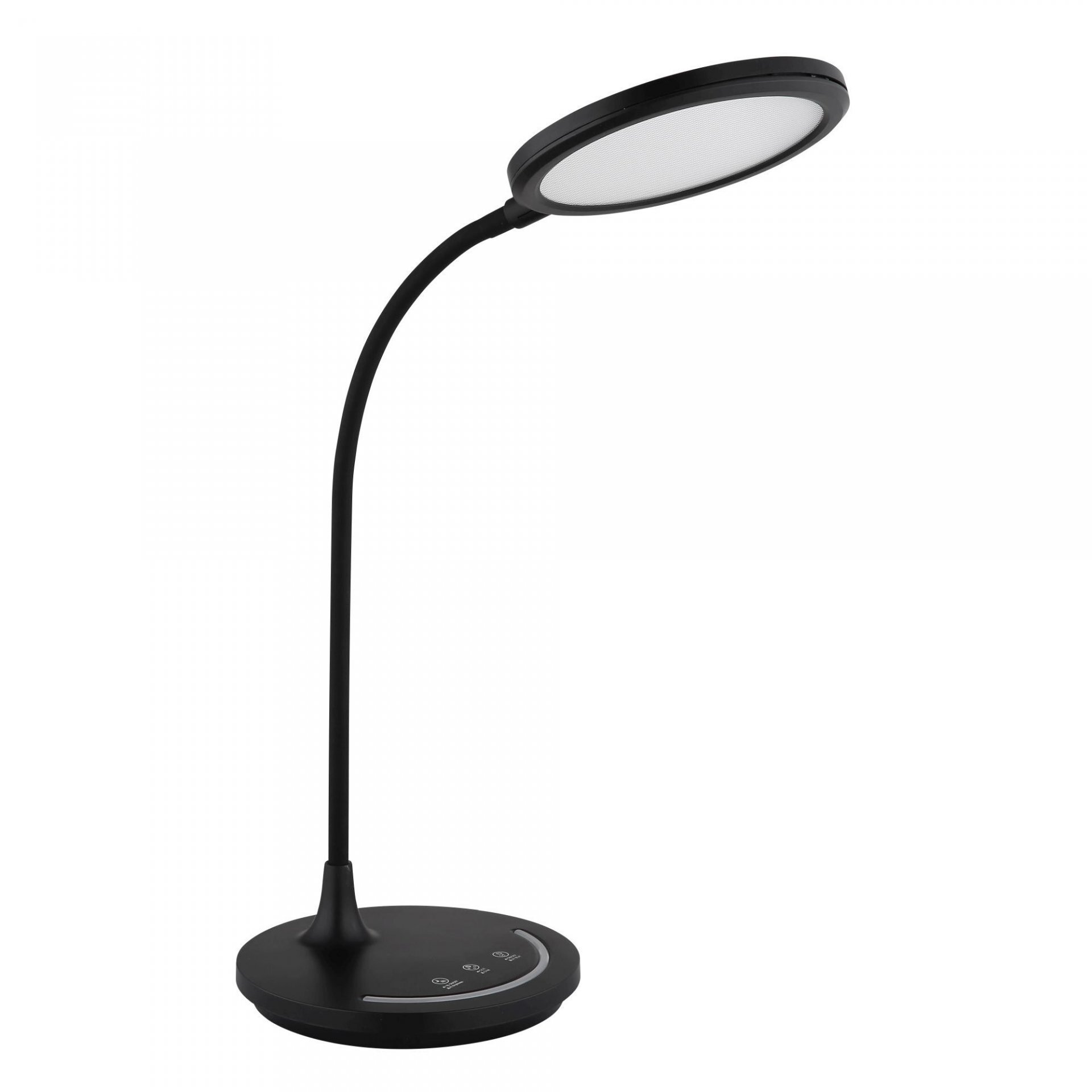 Czarna lampa biurkowa LED z okrągłym kloszem i elastycznym ramieniem. Na podstawie znajdują się dotykowe przyciski sterujące.