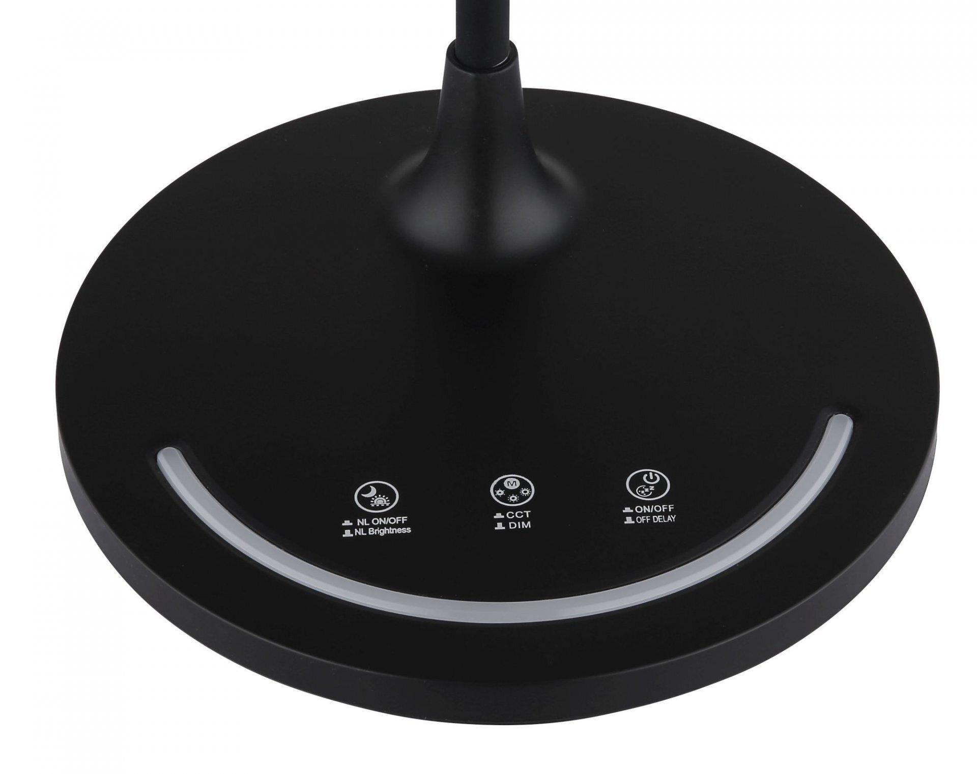 Czarna podstawa lampy z trzema ikonami i napisami: \'NL ON/OFF NL Brightness\', \'CCT DIM\', \'ON/OFF OFF DELAY\'.