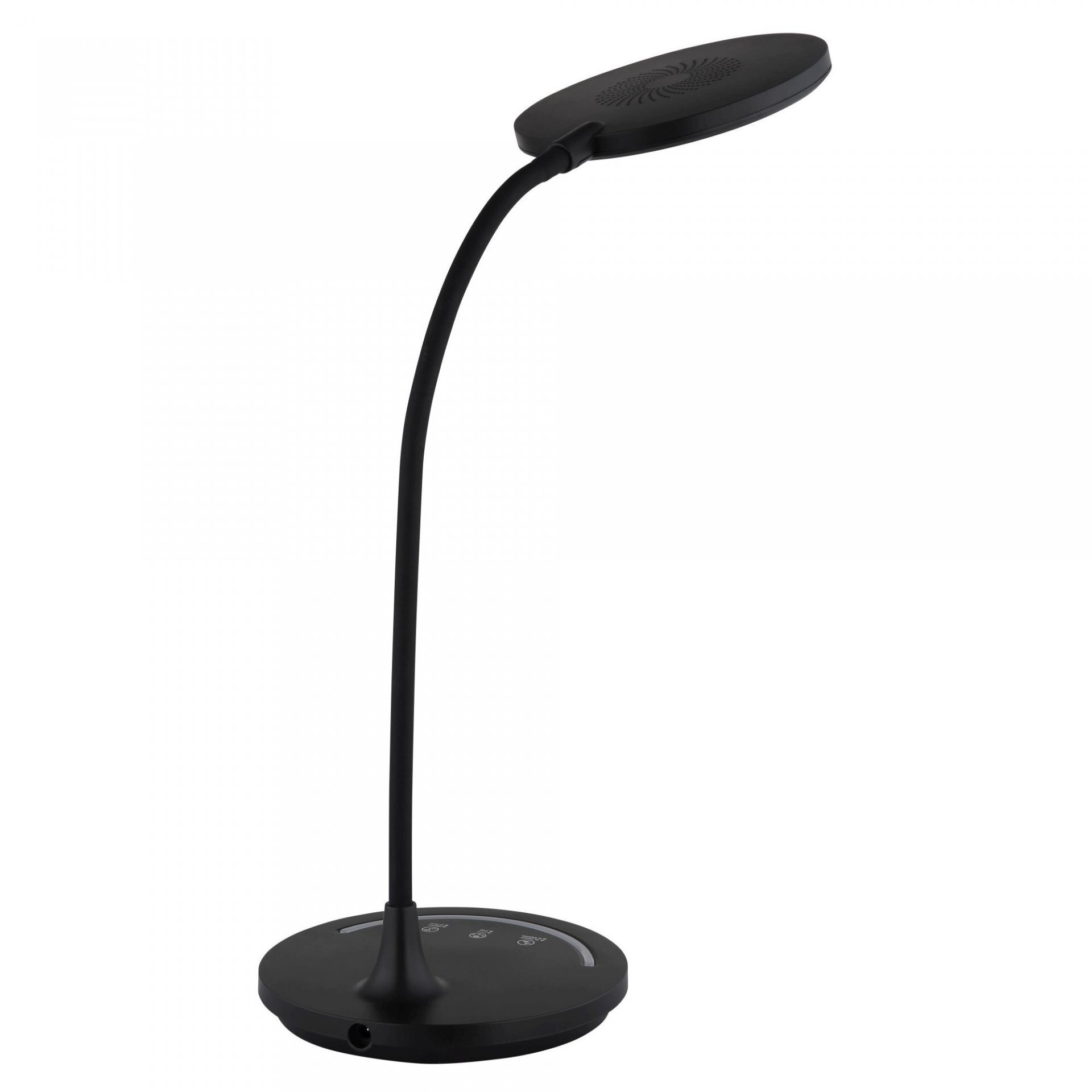 Czarna lampa biurkowa LED z elastycznym ramieniem i okrągłą podstawą. Na podstawie widoczne są symbole dotykowe do sterowania lampą.