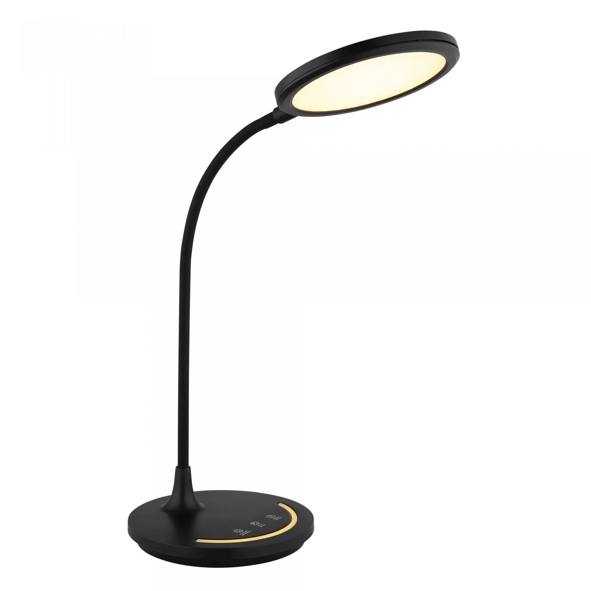 Czarna lampa biurkowa LED z okrągłym kloszem i elastycznym ramieniem. Na podstawie znajdują się trzy dotykowe przyciski sterujące.