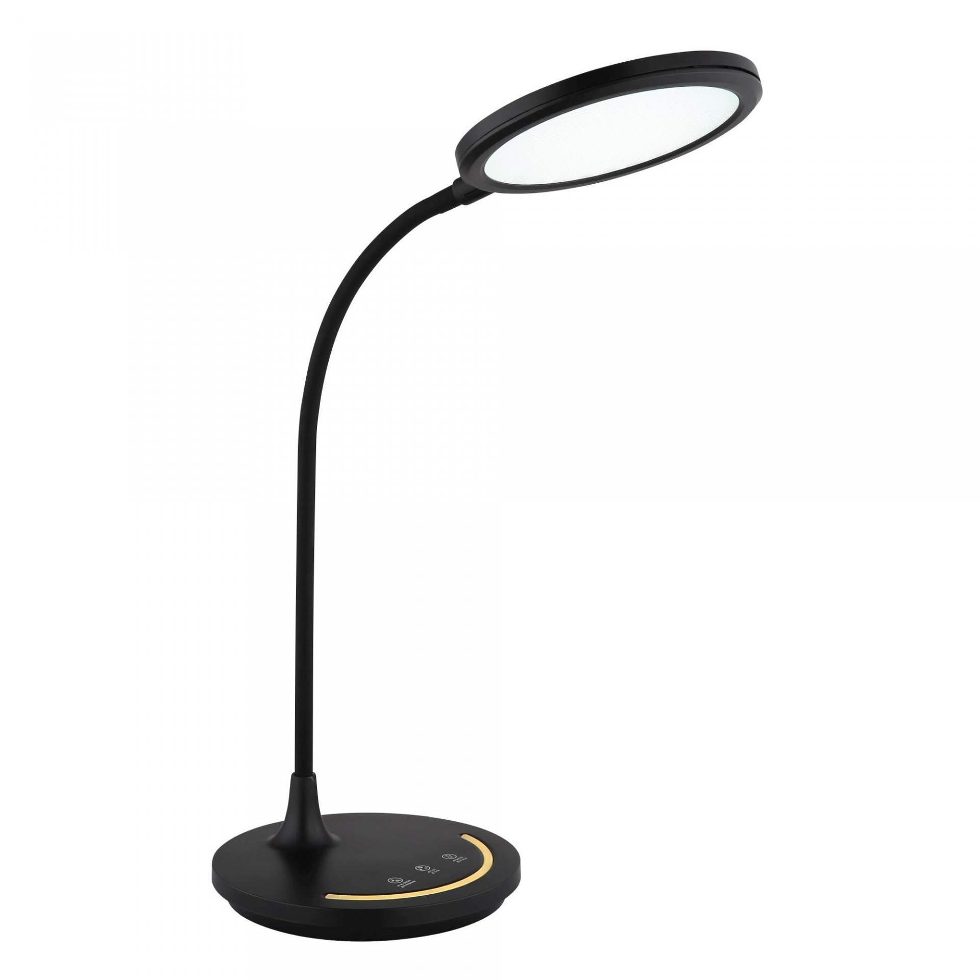 Czarna lampa biurkowa LED z okrągłym kloszem i elastycznym ramieniem. Na podstawie znajdują się trzy dotykowe przyciski sterujące.