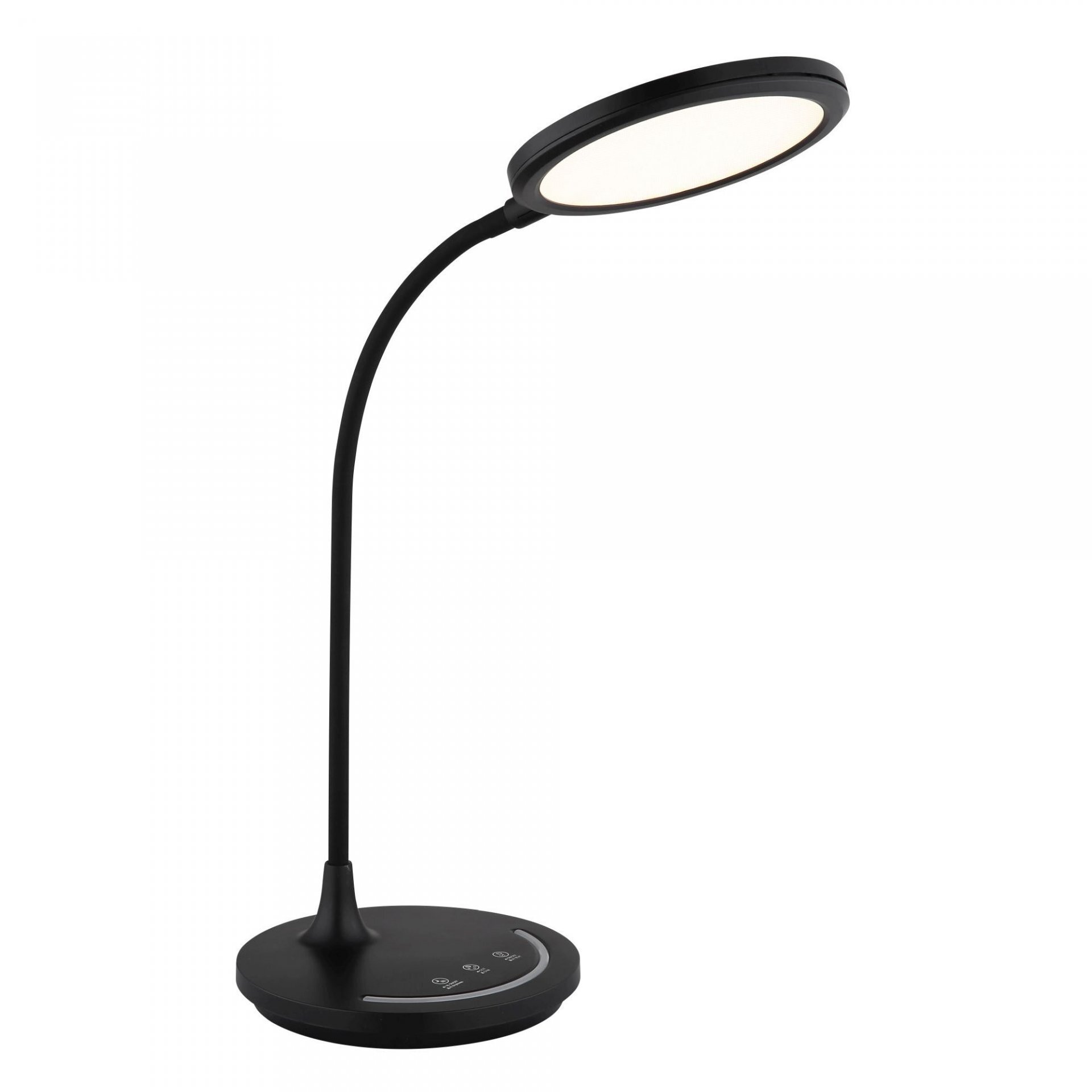 Czarna lampa biurkowa LED z okrągłym kloszem i elastycznym ramieniem. Na podstawie znajdują się dotykowe przyciski sterujące.