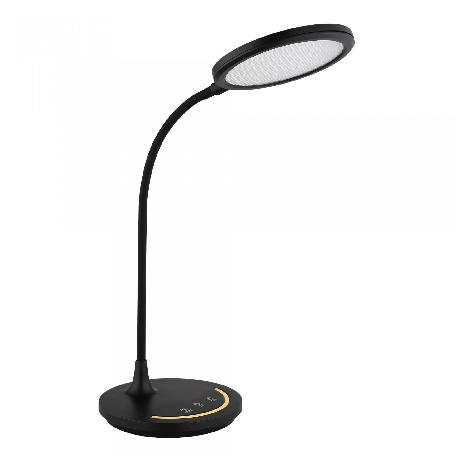 Czarna lampa biurkowa LED z okrągłym kloszem i elastycznym ramieniem. Na podstawie znajdują się trzy dotykowe przyciski sterujące.
