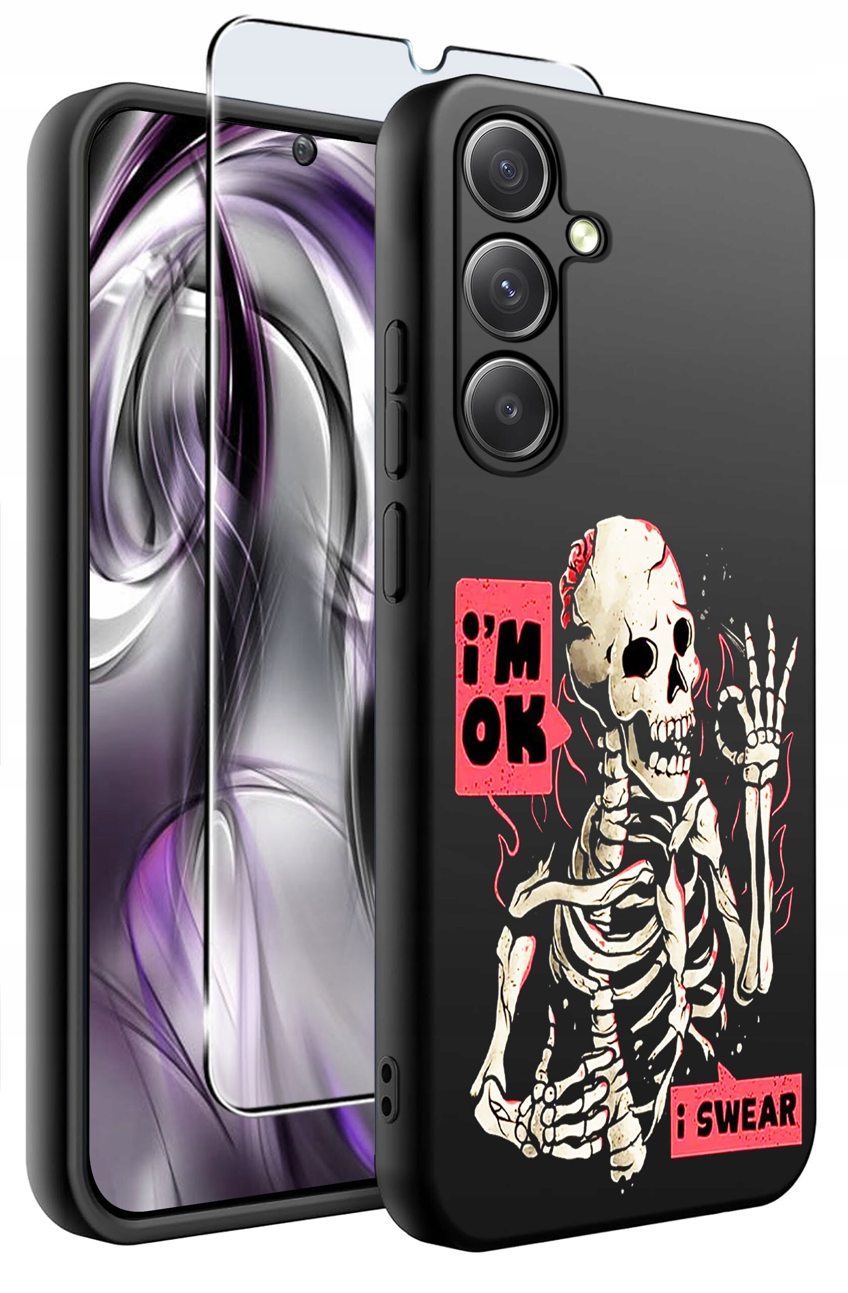 Czarne silikonowe etui na telefon z nadrukiem szkieletu i napisami \'i\'m OK\' oraz \'i SWEAR\'. Obok etui znajduje się szkło ochronne na ekran.