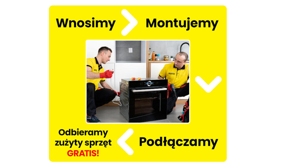 Dwóch mężczyzn w żółtych koszulkach montuje czarny piekarnik w kuchni. Na żółtym tle widnieją napisy: \'Wnosimy\', \'Montujemy\', \'Odbieramy zużyty sprzęt GRATIS!\', \'Podłączamy\'.