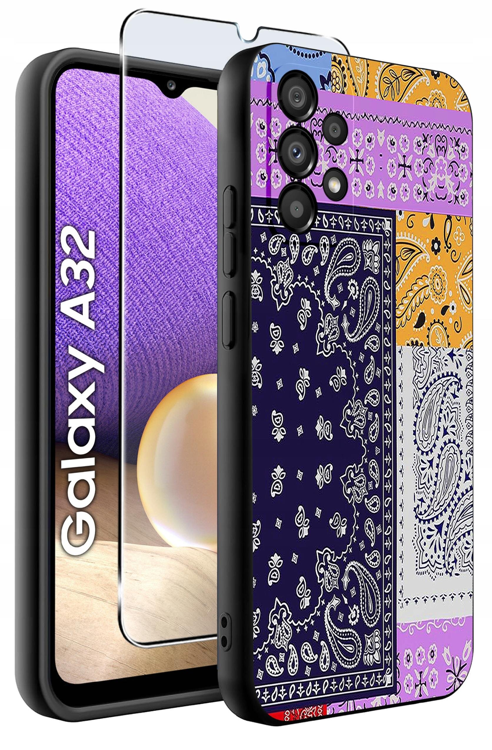 Obraz przedstawia etui na telefon z kolorowym wzorem paisley oraz szkło ochronne. Na ekranie telefonu widoczny jest napis \'Galaxy A32\'.