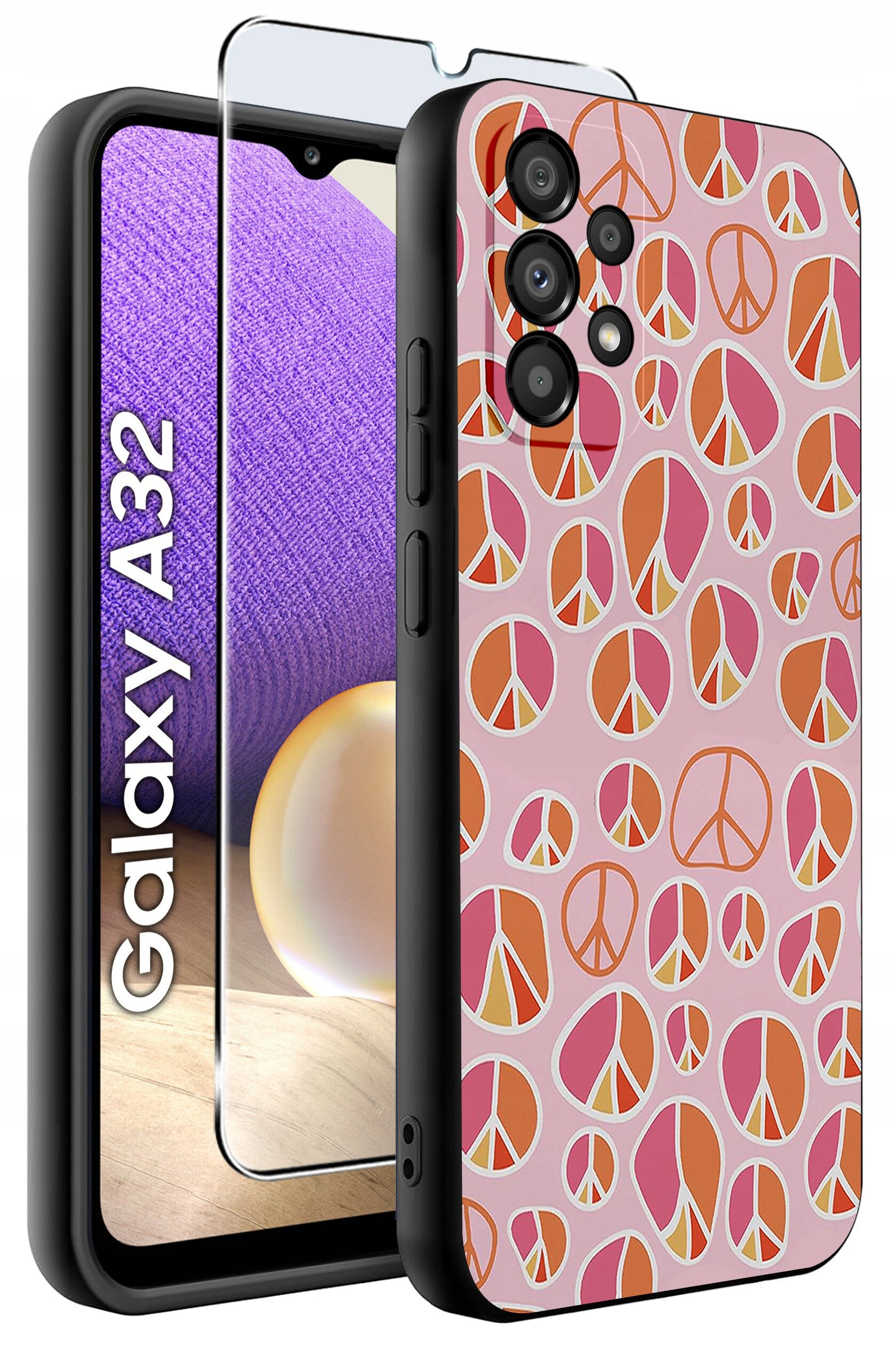 Etui na telefon z kolorowym wzorem symboli pokoju oraz szkło ochronne na ekran. Obok widoczny jest telefon z napisem \'Galaxy A32\'.