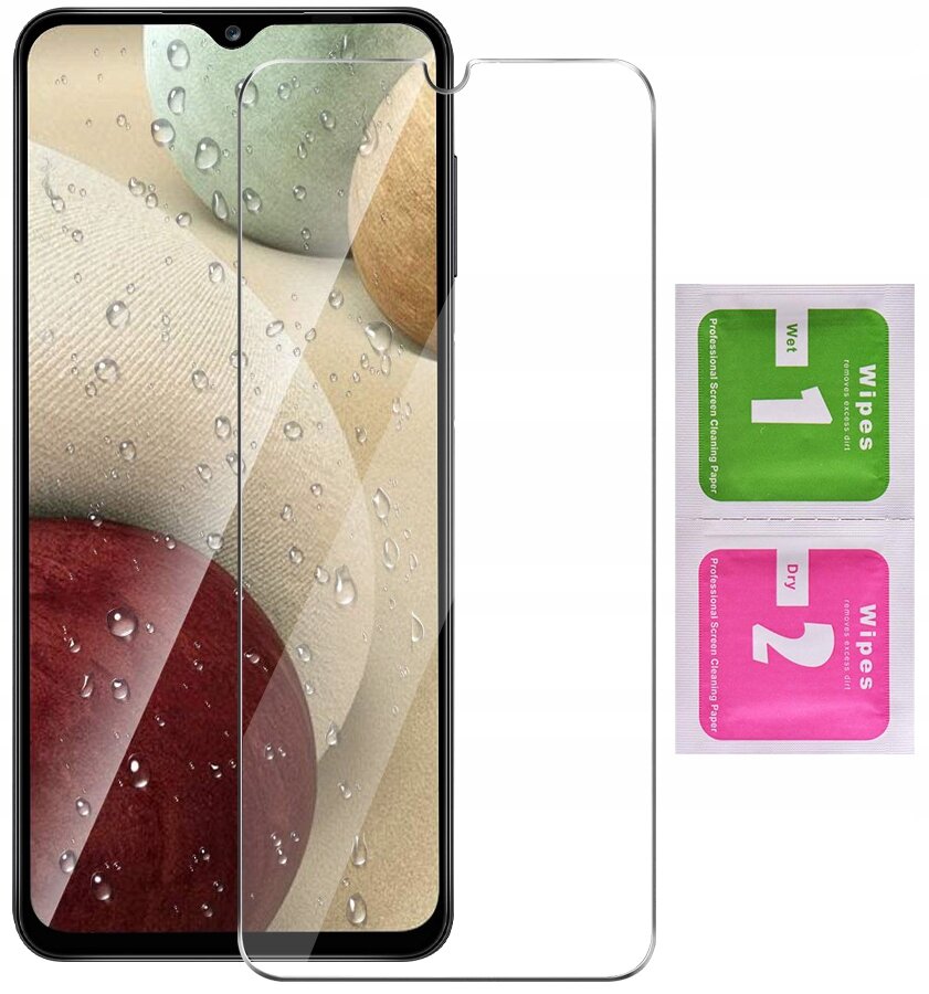Na obrazie widoczny jest telefon z nałożonym szkłem ochronnym, obok znajdują się dwie saszetki z napisem \'Wipes 1 Wet\' i \'Wipes 2 Dry\'.