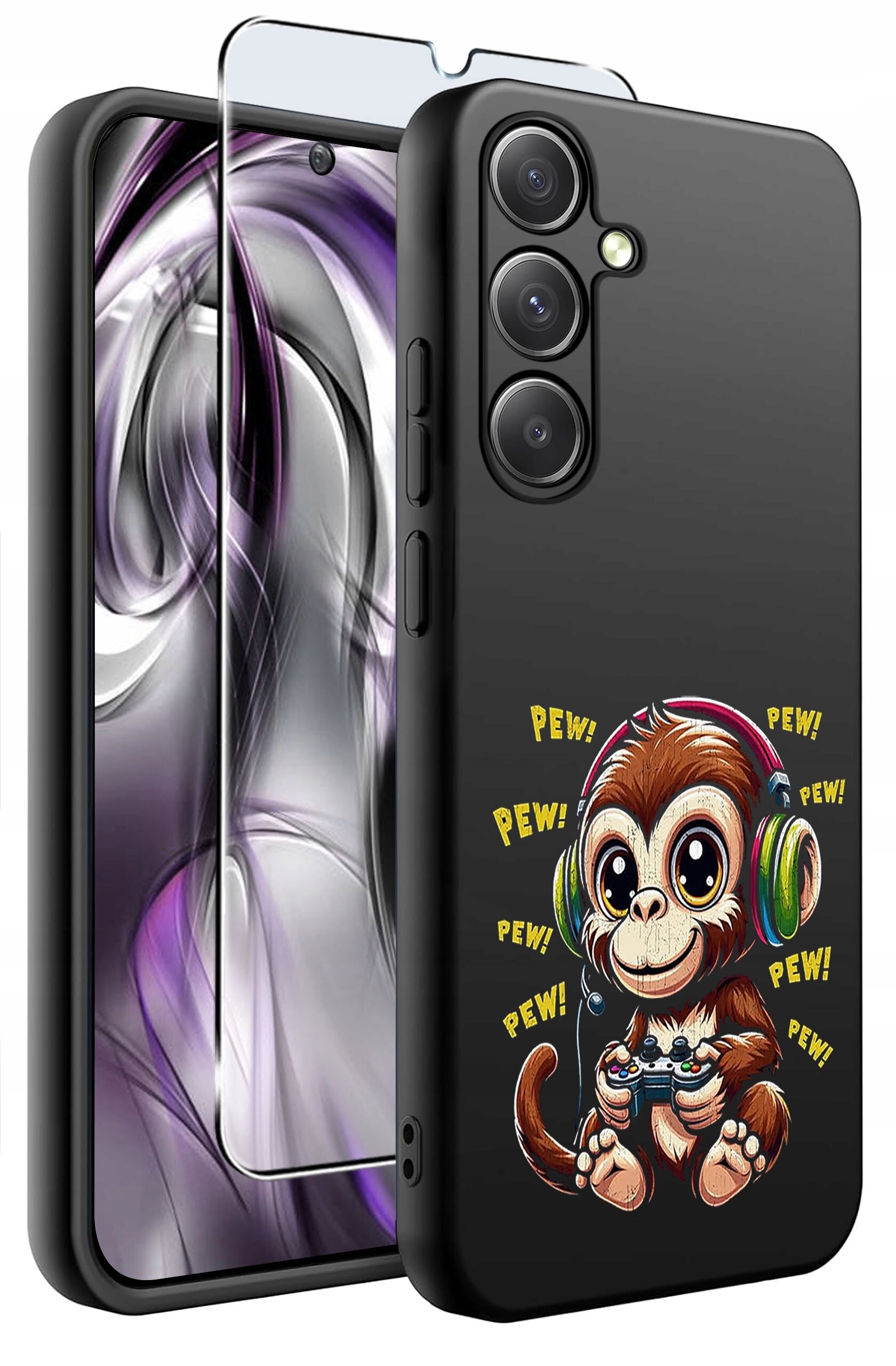 Czarne etui na telefon z kolorowym nadrukiem małpki w słuchawkach, trzymającej kontroler do gier, oraz tekstem \'PEW! PEW!\'. Obok etui znajduje się szkło ochronne na ekran.