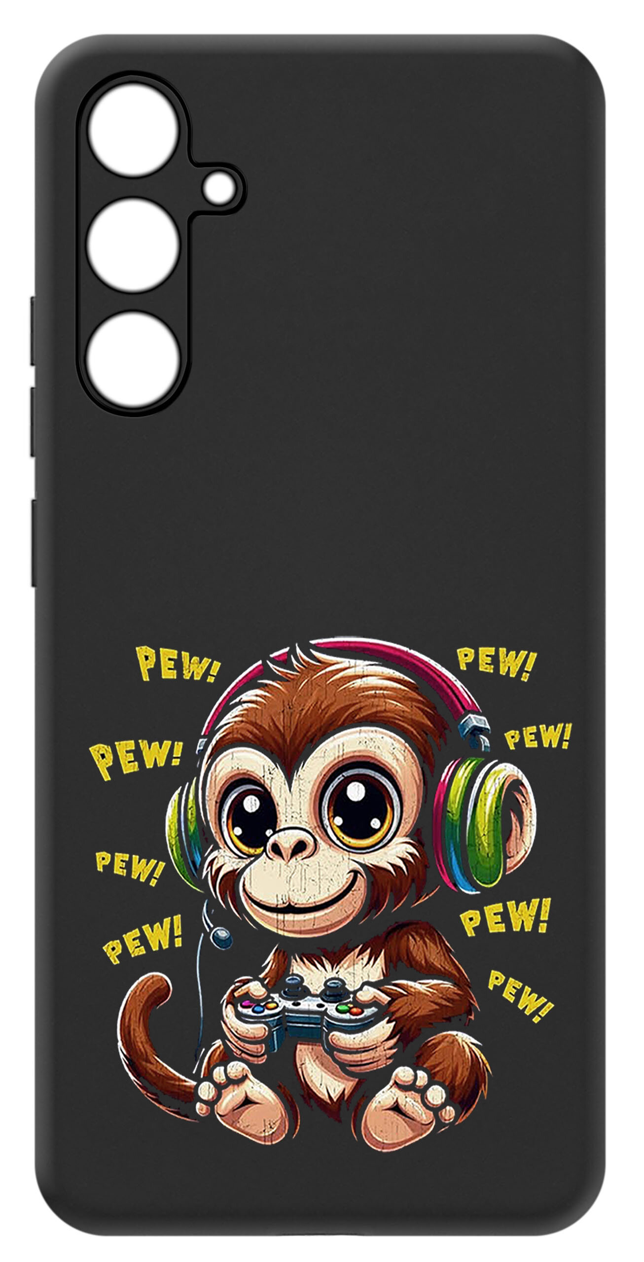 Czarne etui z nadrukiem małpki w słuchawkach trzymającej kontroler do gier, otoczonej tekstem \'PEW!\'.