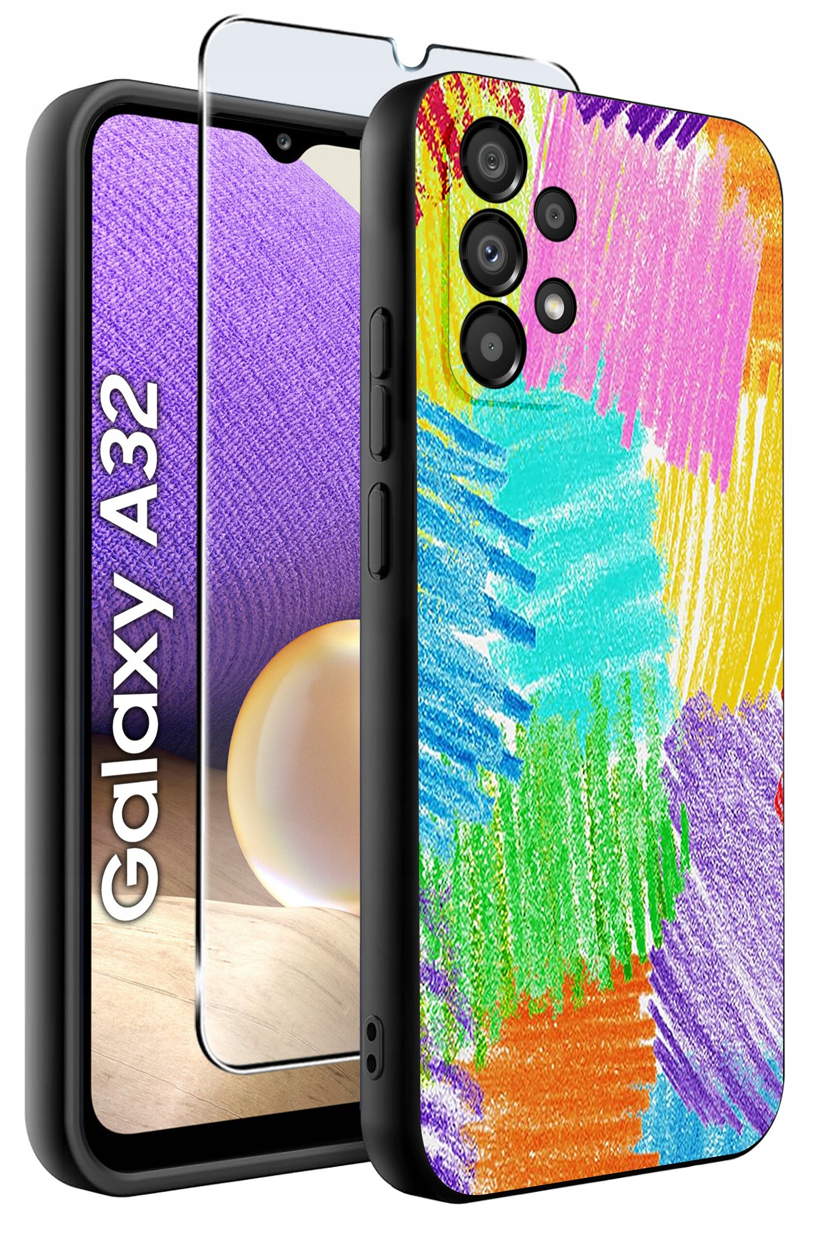 Obraz przedstawia kolorowe etui na telefon z abstrakcyjnym wzorem w różnych kolorach oraz szkło ochronne. Obok widoczny jest napis \'Galaxy A32\'.