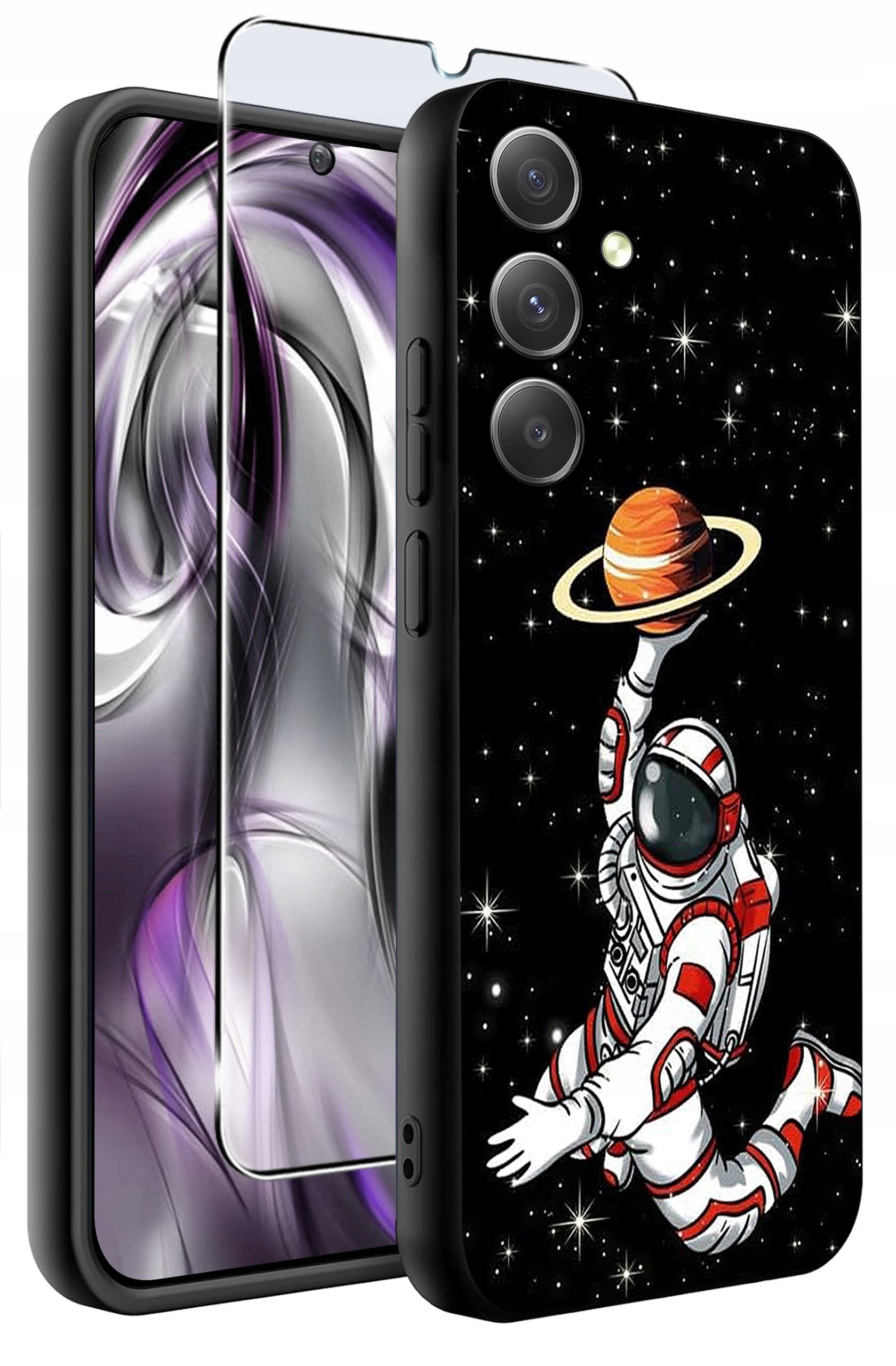 Etui na telefon z grafiką astronauty trzymającego planetę z pierścieniami na tle gwiazd. Obok znajduje się szkło ochronne na ekran.